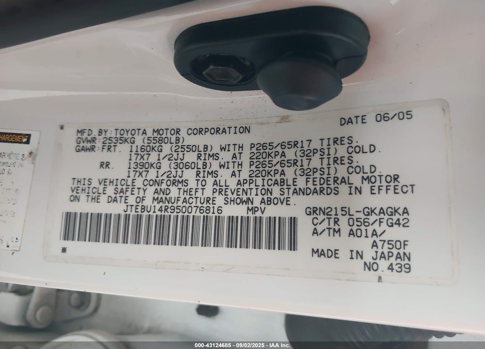 2005 TOYOTA 4RUNNER SR5 V6 VIN: JTEBU14R950076816