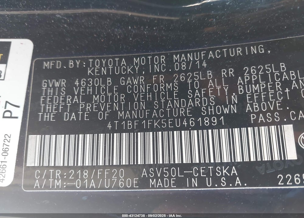 2014 TOYOTA CAMRY SE VIN: 4T1BF1FK5EU461891