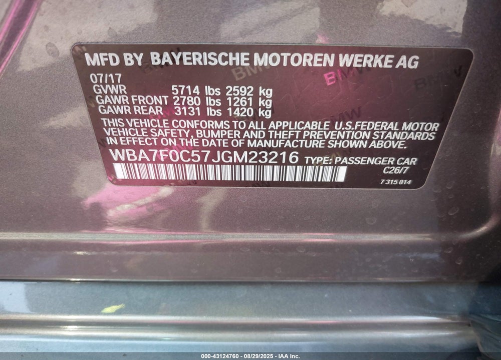 2018 BMW 750I VIN: WBA7F0C57JGM23216