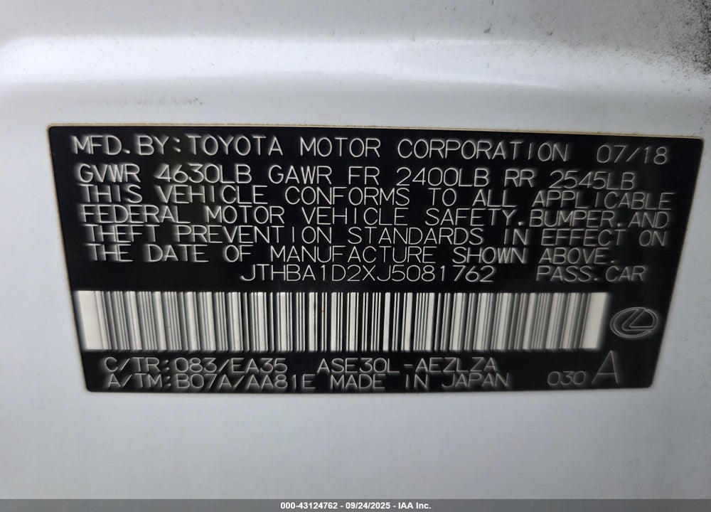 2018 LEXUS IS 300 VIN: JTHBA1D2XJ5081762