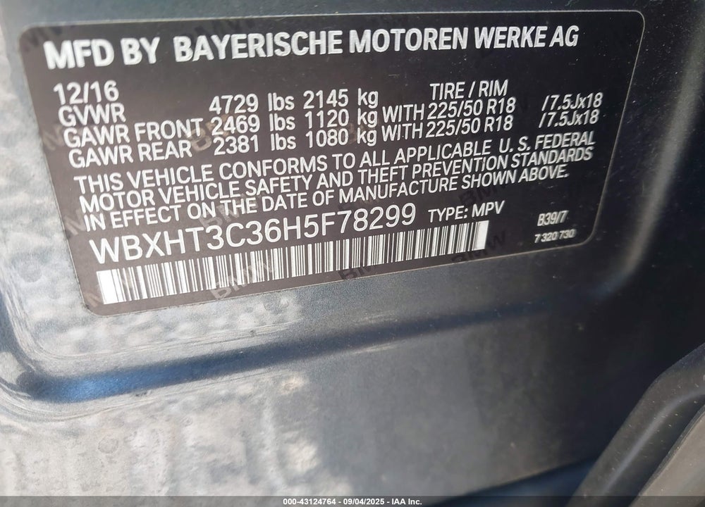 2017 BMW X1 VIN: WBXHT3C36H5F78299