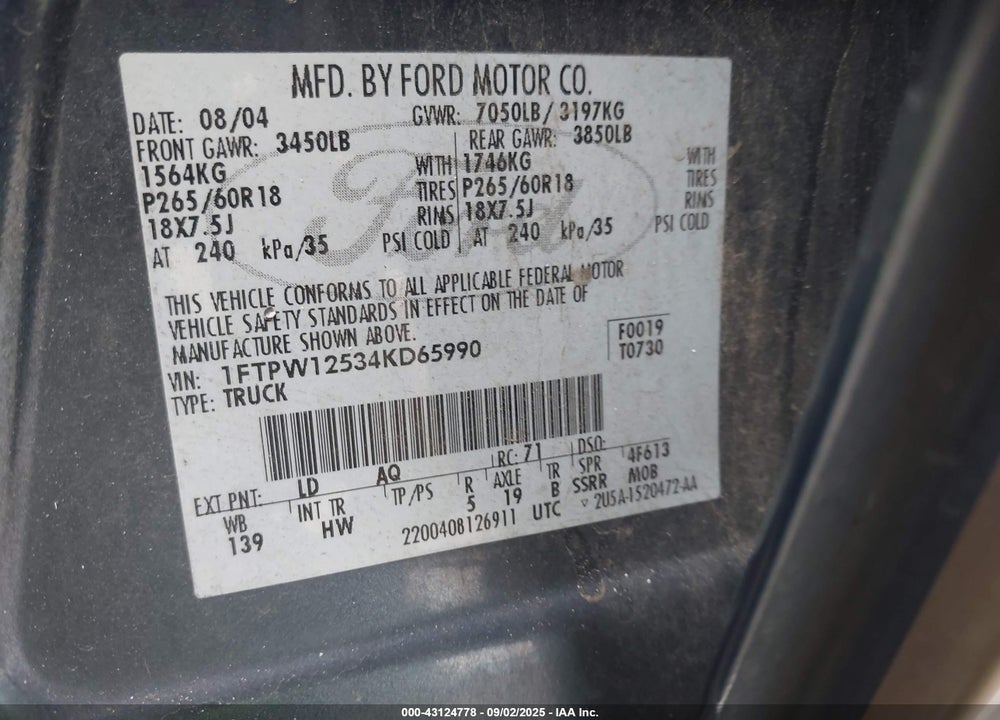 2004 FORD F-150 LARIAT/XLT VIN: 1FTPW12534KD65990