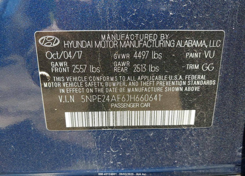 2018 HYUNDAI SONATA SE VIN: 5NPE24AF6JH660641