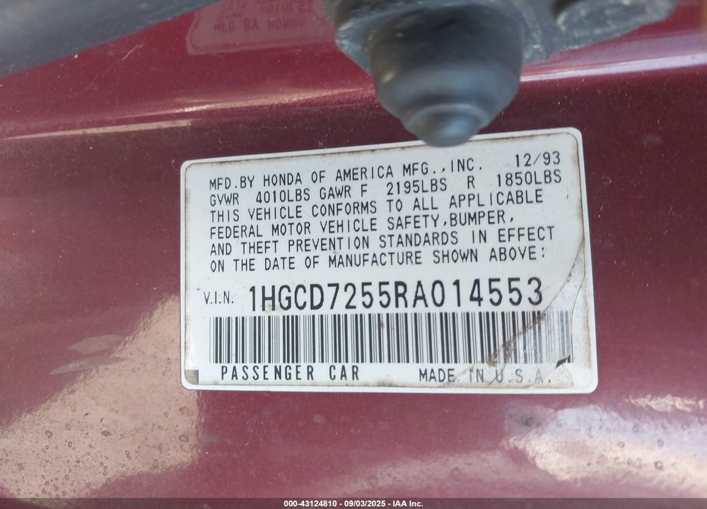 1994 HONDA ACCORD EX VIN: 1HGCD7255RA014553