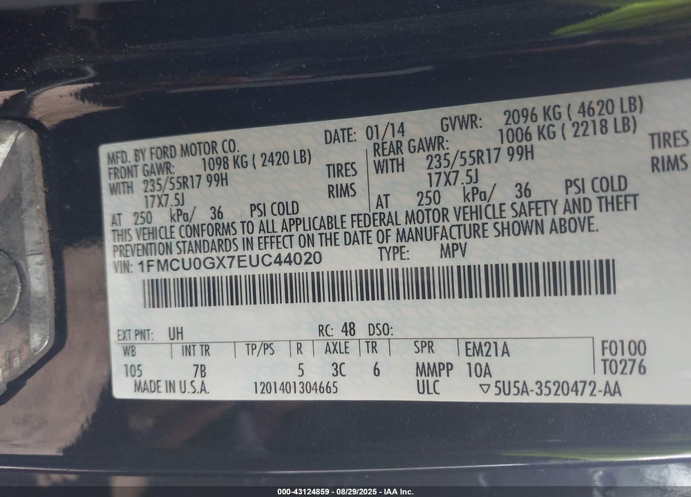 2014 FORD ESCAPE VIN: 1FMCU0GX7EUC44020