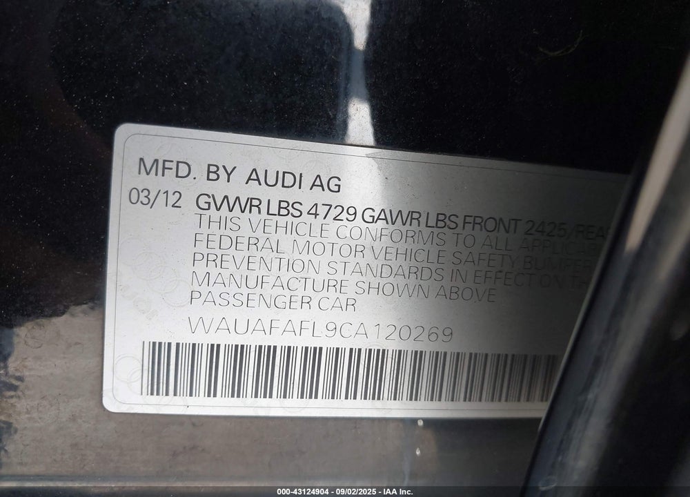 2012 AUDI A4 VIN: WAUAFAFL9CA120269
