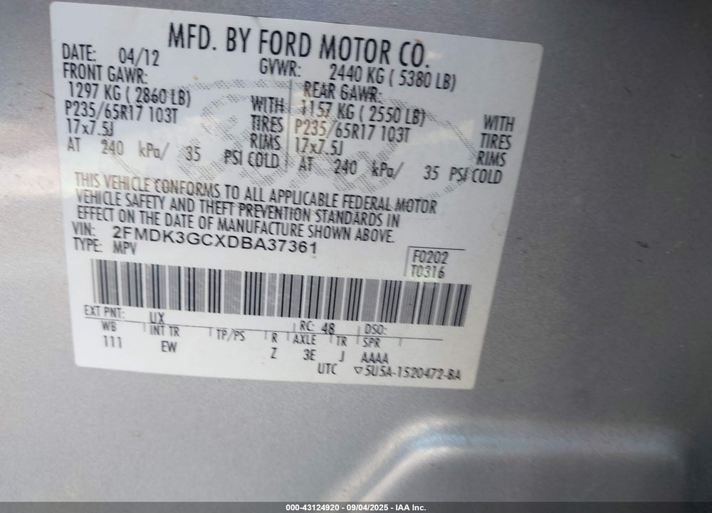 2013 FORD EDGE VIN: 2FMDK3GCXDBA37361