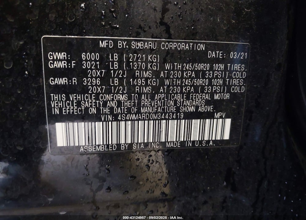 2021 SUBARU ASCENT VIN: 4S4WMARD0M3443419