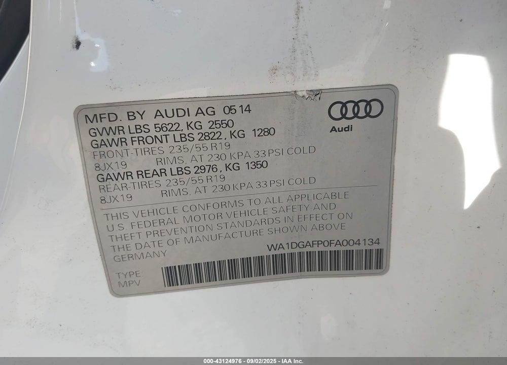 2015 AUDI Q5 VIN: WA1DGAFP0FA004134