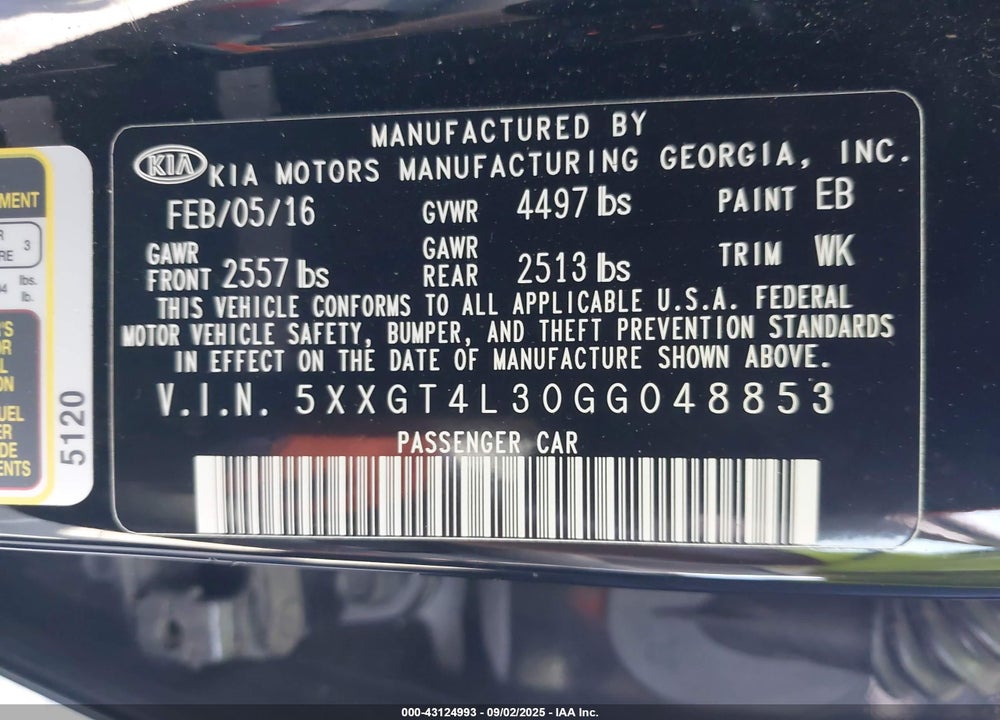 2016 KIA OPTIMA LX VIN: 5XXGT4L30GG048853