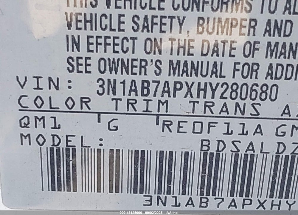 2017 NISSAN SENTRA SV VIN: 3N1AB7APXHY280680