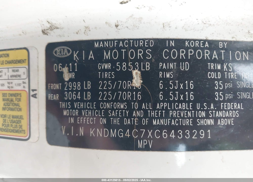 2012 KIA SEDONA VIN: KNDMG4C7XC6433291