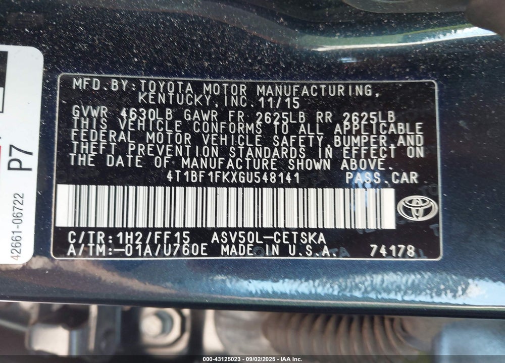 2016 TOYOTA CAMRY VIN: 4T1BF1FKXGU548141
