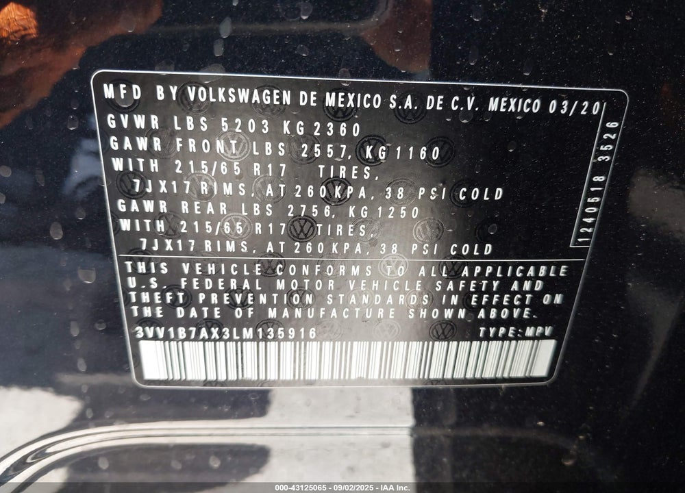 2020 VOLKSWAGEN TIGUAN 2.0T S VIN: 3VV1B7AX3LM135916