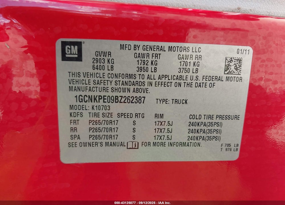 2011 CHEVROLET SILVERADO 1500 WORK TRUCK VIN: 1GCNKPE09BZ262387