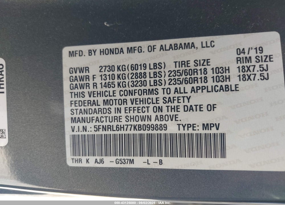 2019 HONDA ODYSSEY EX-L VIN: 5FNRL6H77KB099889
