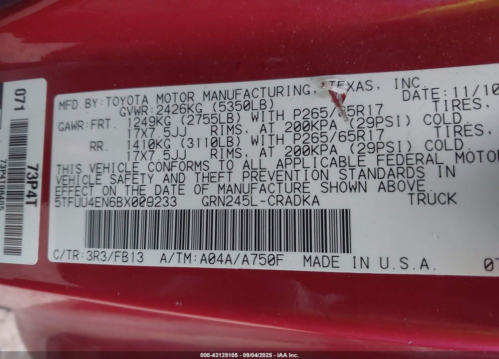 2011 TOYOTA TACOMA VIN: 5TFUU4EN6BX009233