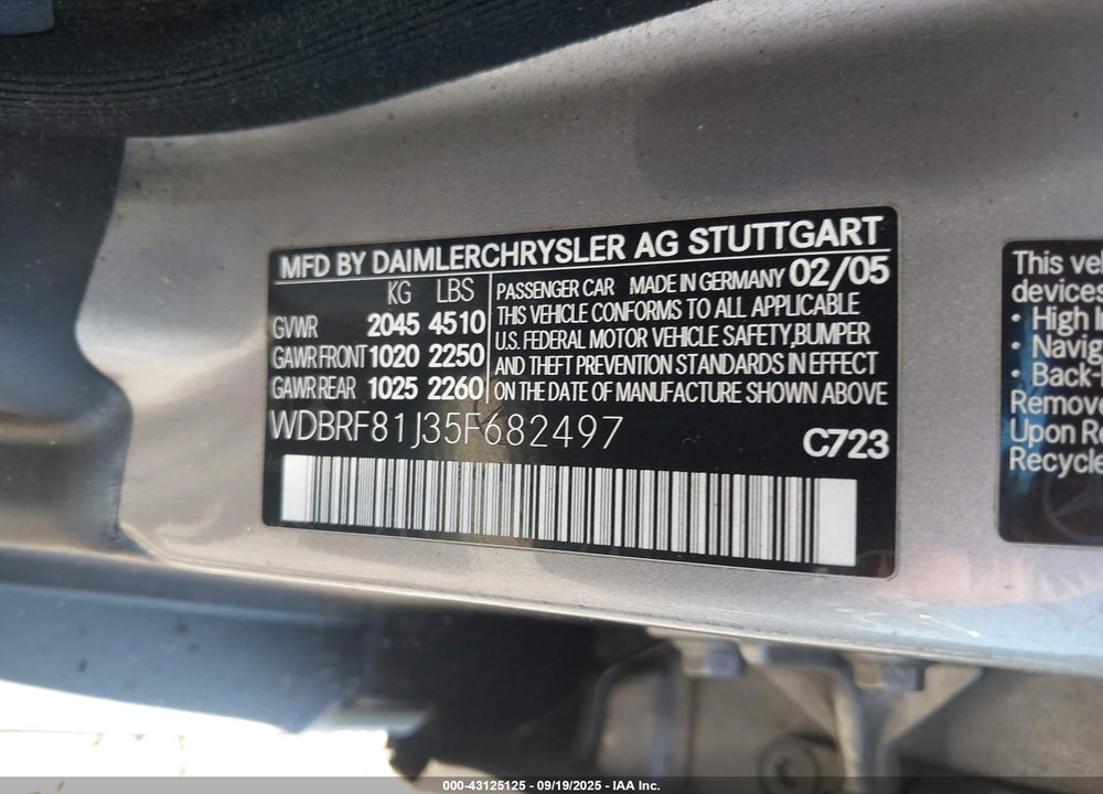2005 MERCEDES-BENZ C 240 LUXURY 4MATIC VIN: WDBRF81J35F682497