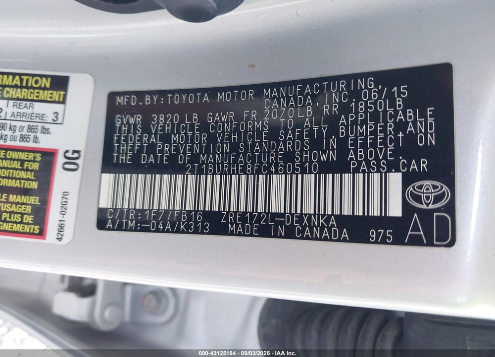 2015 TOYOTA COROLLA VIN: 2T1BURHE8FC460510