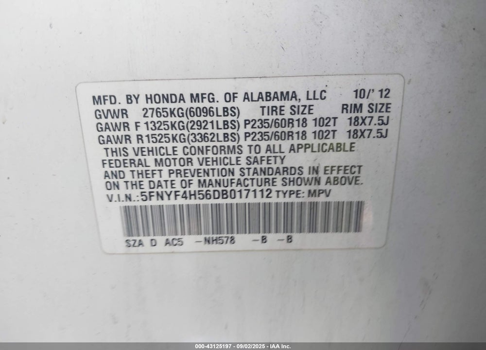 2013 HONDA PILOT VIN: 5FNYF4H56DB017112