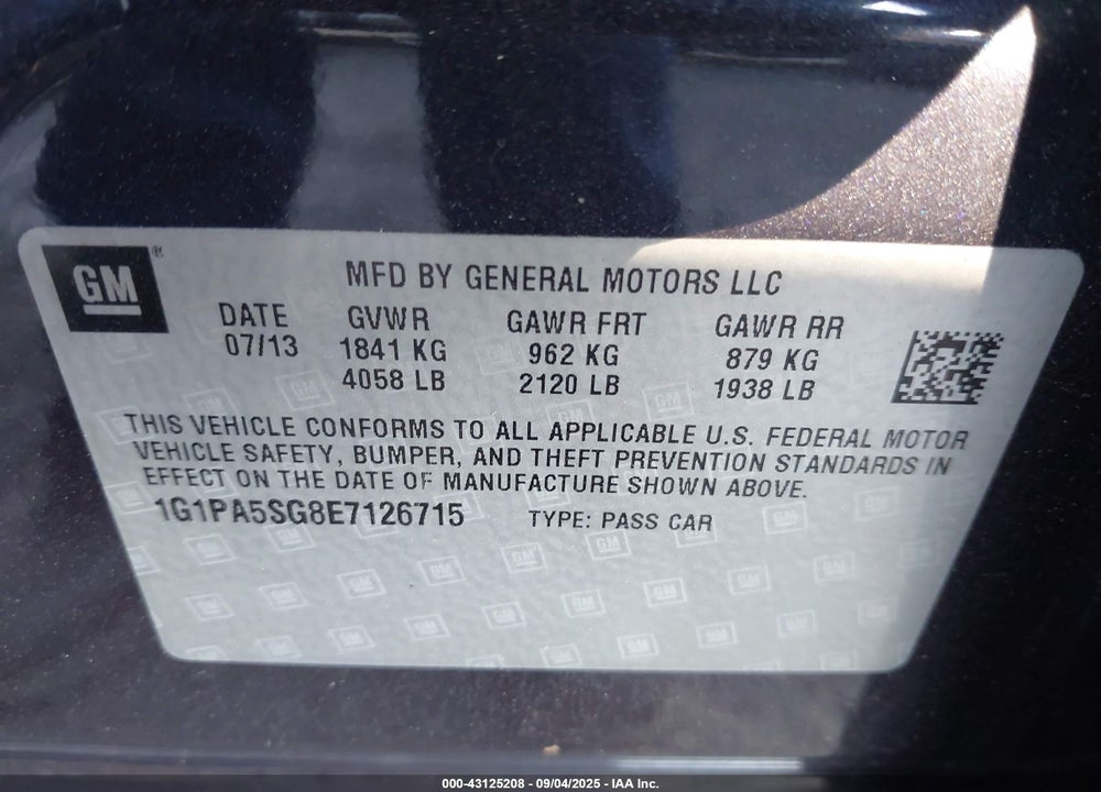 2014 CHEVROLET CRUZE VIN: 1G1PA5SG8E7126715