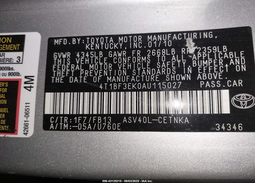 2010 TOYOTA CAMRY VIN: 4T1BF3EK0AU115027