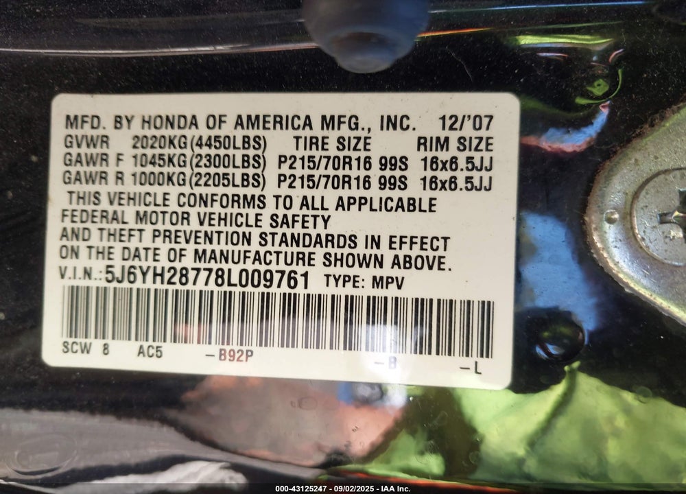 2008 HONDA ELEMENT EX VIN: 5J6YH28778L009761