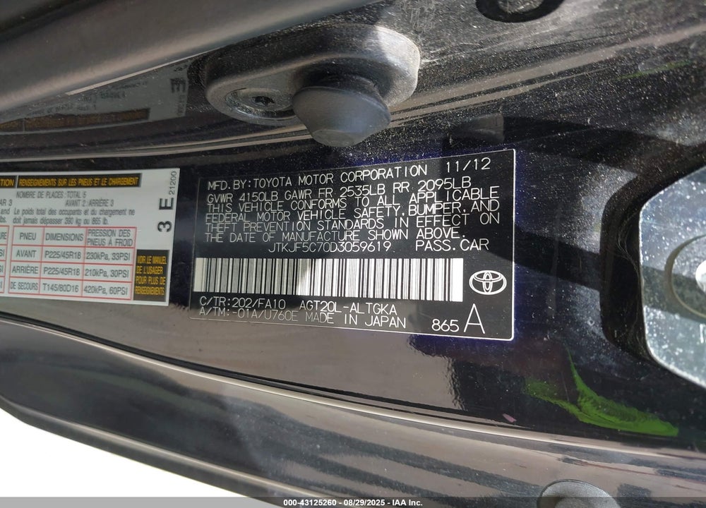 2013 SCION TC VIN: JTKJF5C70D3059619