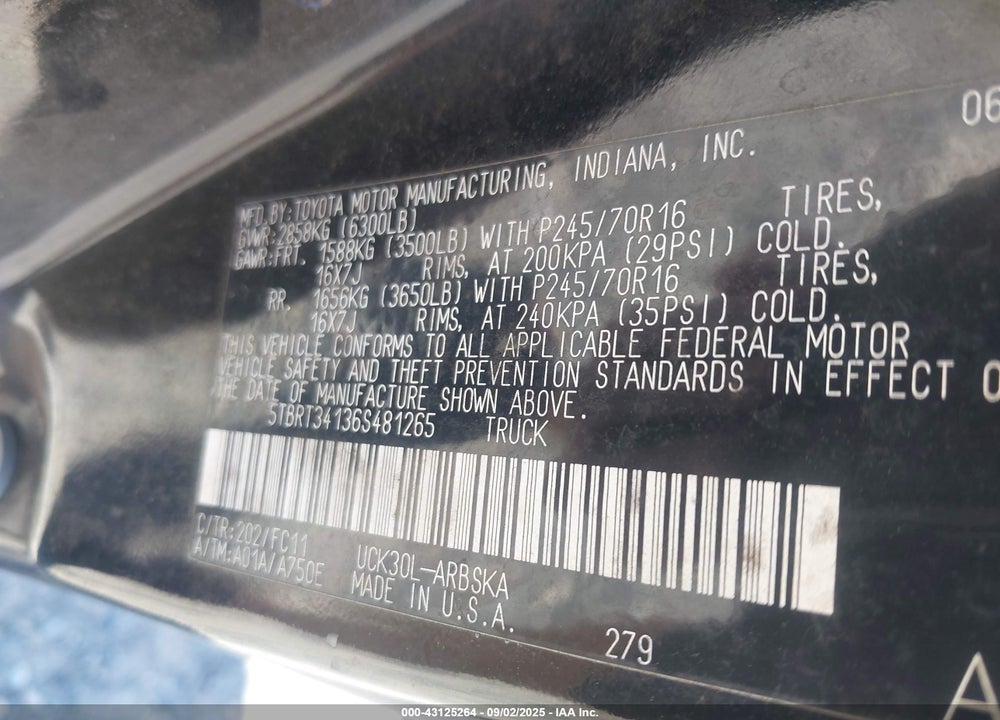 2006 TOYOTA TUNDRA VIN: 5TBRT34136S481265