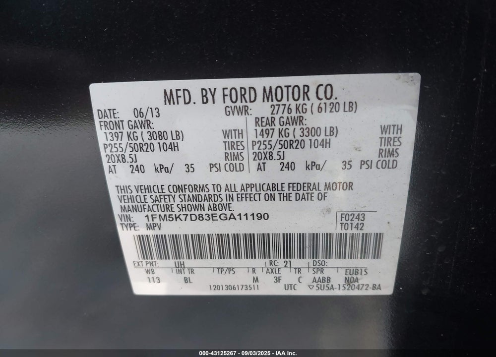 2014 FORD EXPLORER VIN: 1FM5K7D83EGA11190