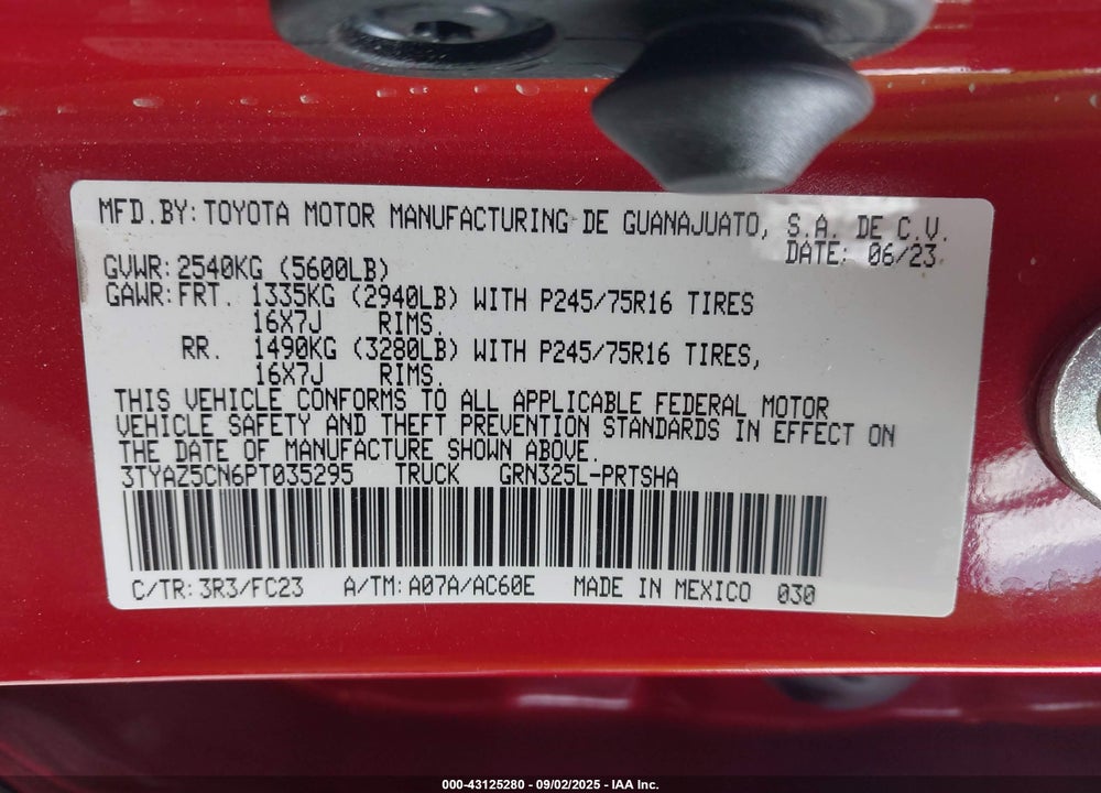 2023 TOYOTA TACOMA VIN: 3TYAZ5CN6PT035295