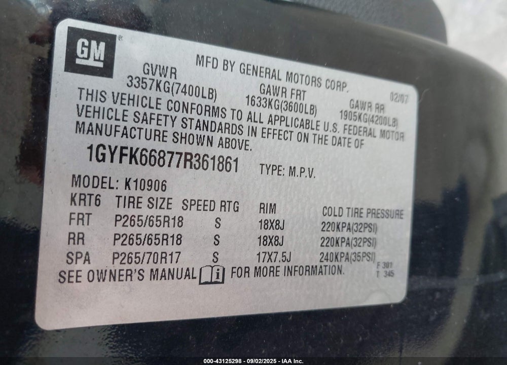 2007 CADILLAC ESCALADE ESV STANDARD VIN: 1GYFK66877R361861