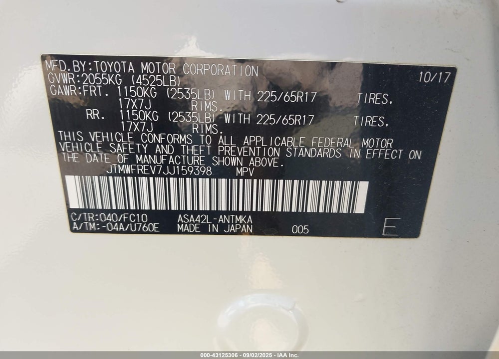2018 TOYOTA RAV4 XLE VIN: JTMWFREV7JJ159398