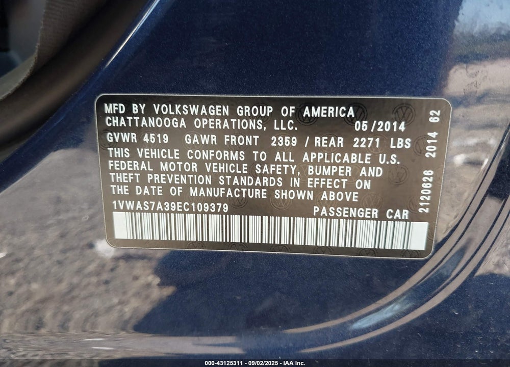 2014 VOLKSWAGEN PASSAT VIN: 1VWAS7A39EC109379