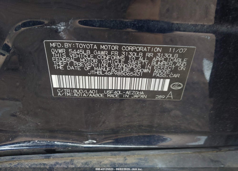 2008 LEXUS LS 460 VIN: JTHBL46F985065431