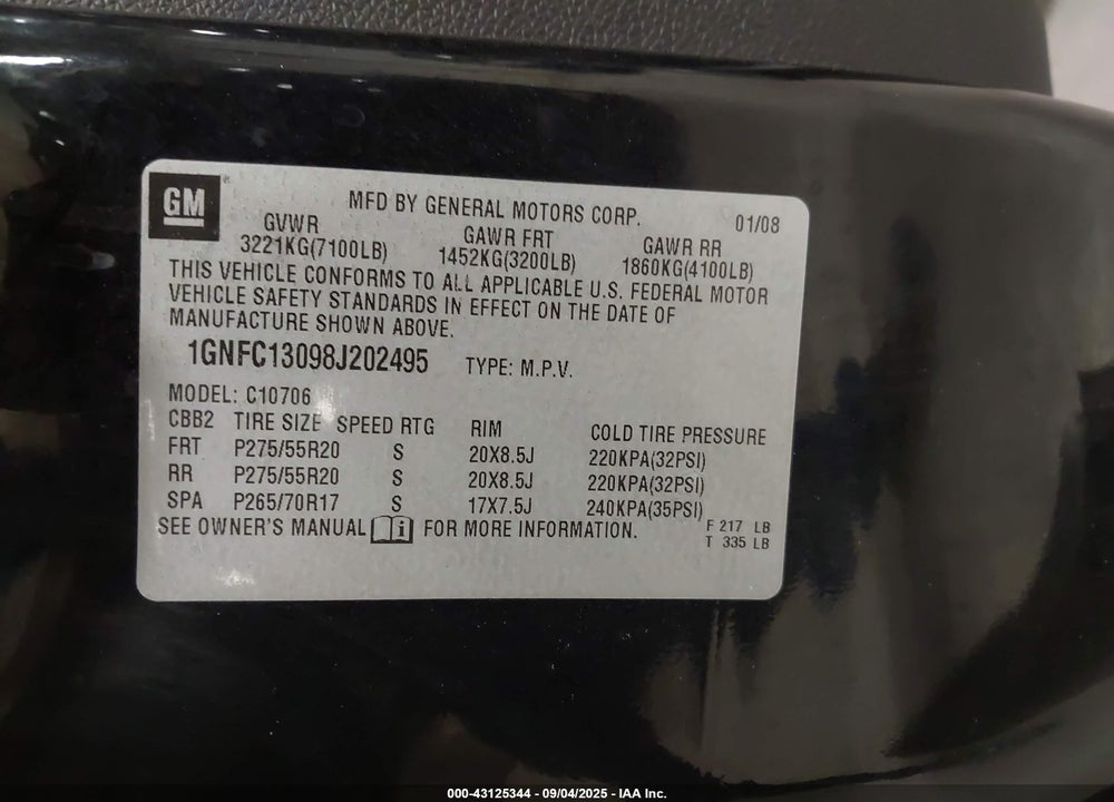 2008 CHEVROLET TAHOE LT VIN: 1GNFC13098J202495