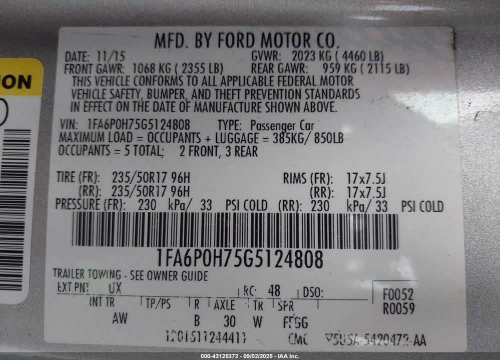 2016 FORD FUSION SE VIN: 1FA6P0H75G5124808
