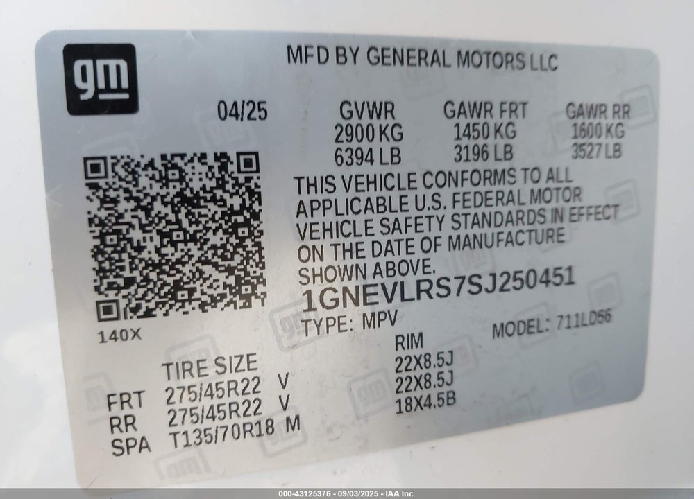 2025 CHEVROLET TRAVERSE AWD RS VIN: 1GNEVLRS7SJ250451