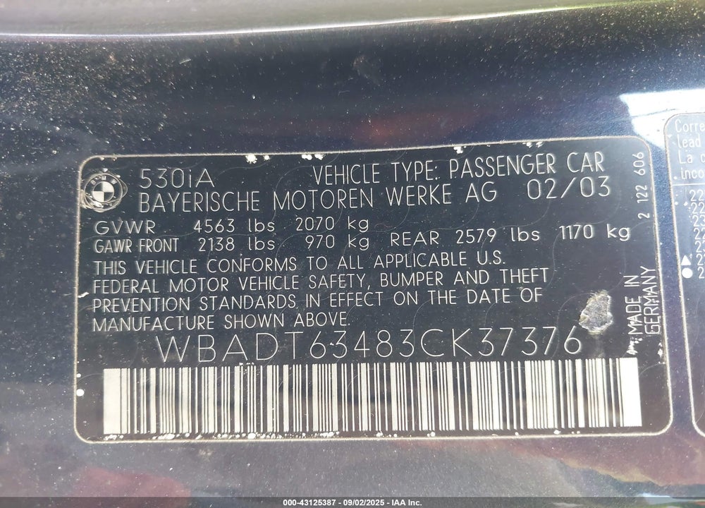 2003 BMW 530IA VIN: WBADT63483CK37376