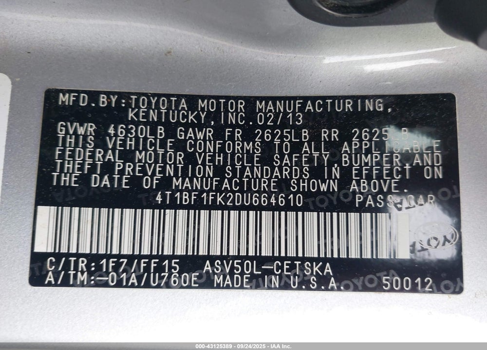 2013 TOYOTA CAMRY VIN: 4T1BF1FK2DU664610