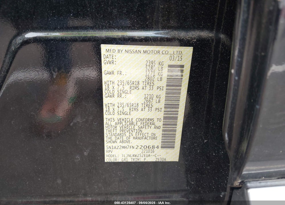2015 NISSAN MURANO VIN: 5N1AZ2MH7FN220684