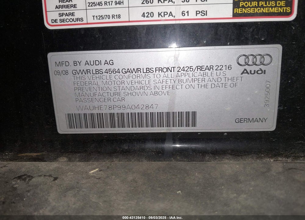 2009 AUDI A3 VIN: WAUHE78P99A042847