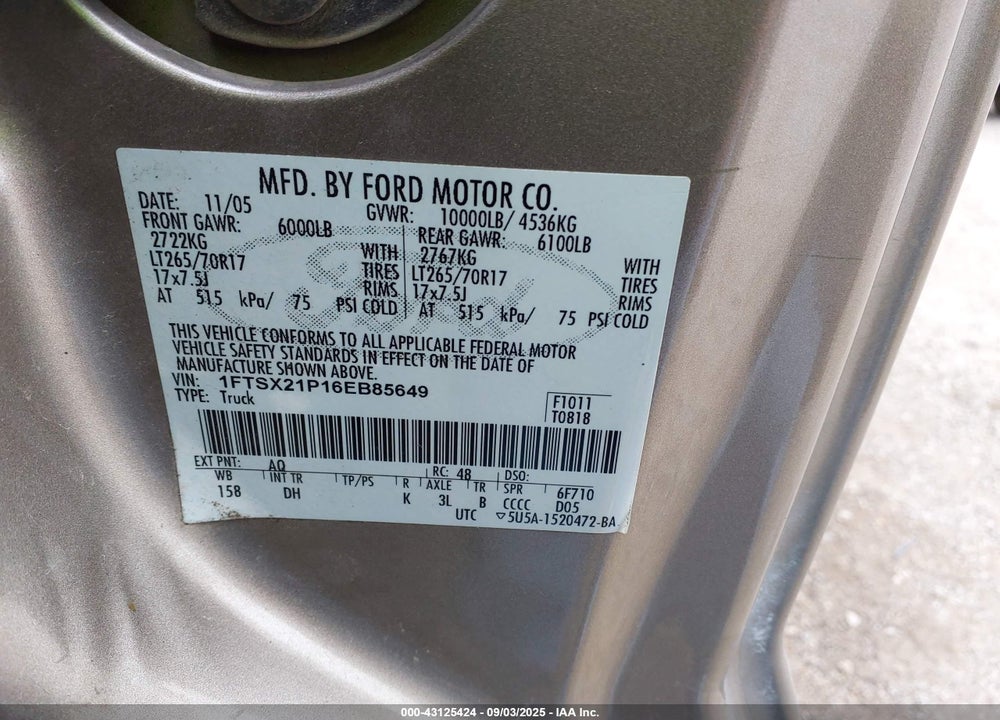 2006 FORD F-250 LARIAT/XL/XLT VIN: 1FTSX21P16EB85649
