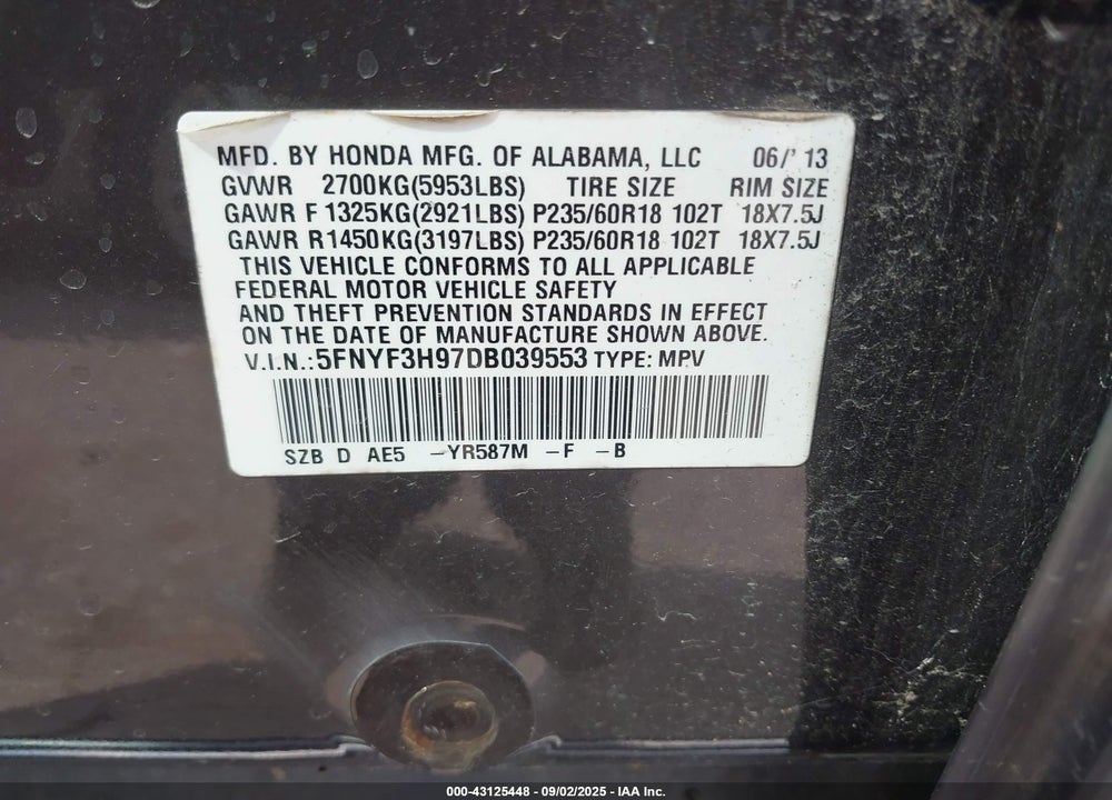 2013 HONDA PILOT VIN: 5FNYF3H97DB039553