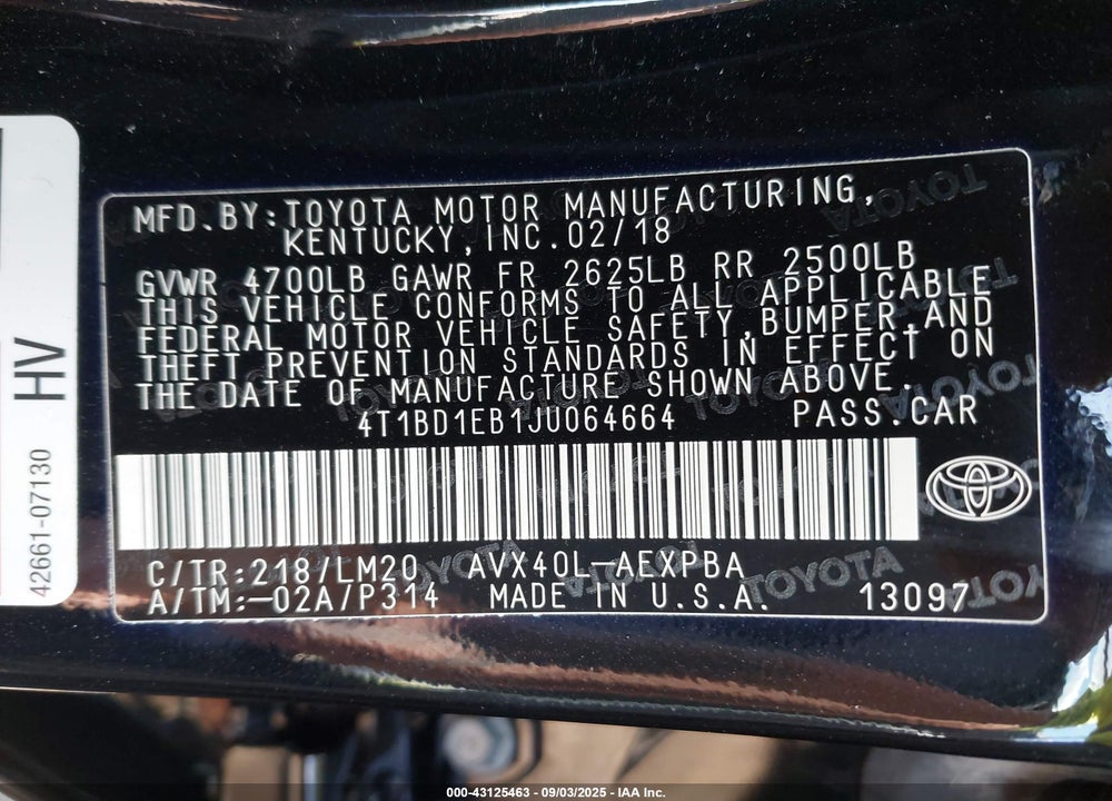 2018 TOYOTA AVALON HYBRID LIMITED VIN: 4T1BD1EB1JU064664