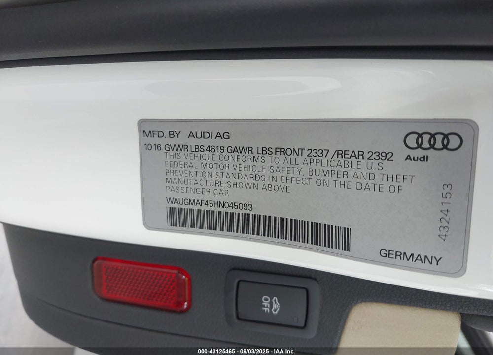 2017 AUDI A4 VIN: WAUGMAF45HN045093
