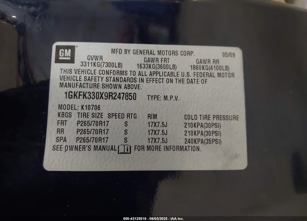 2009 GMC YUKON VIN: 1GKFK330X9R247850