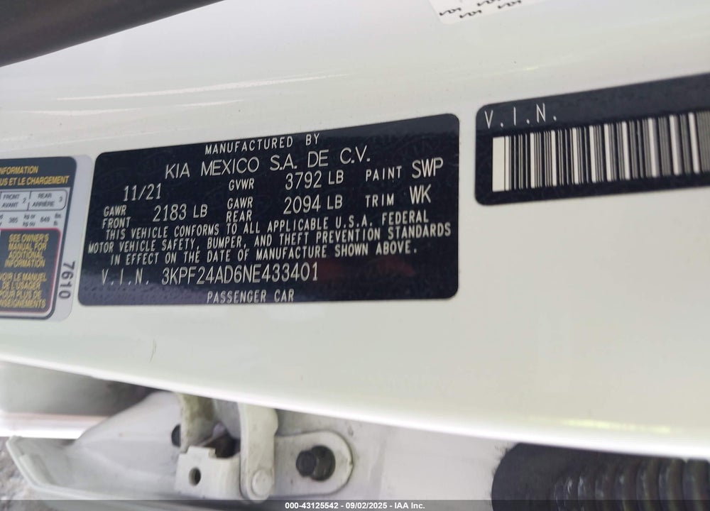 2022 KIA FORTE LXS VIN: 3KPF24AD6NE433401
