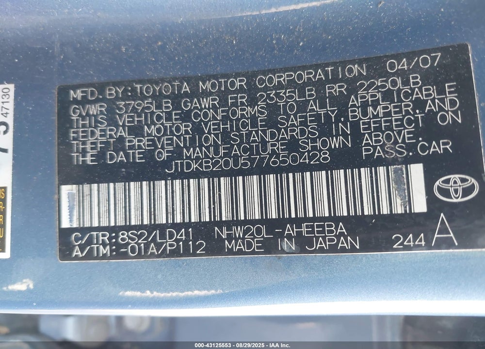2007 TOYOTA PRIUS VIN: JTDKB20U577650428
