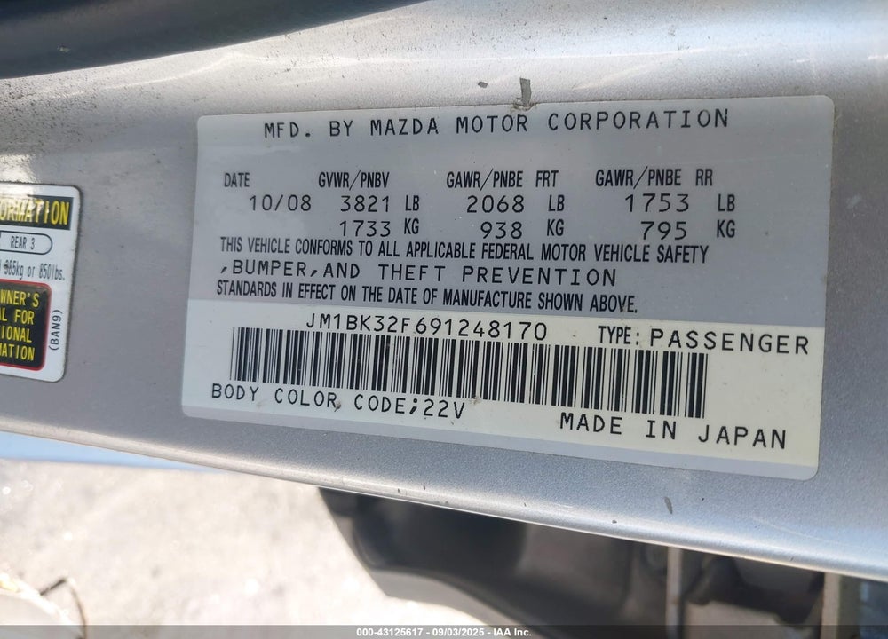 2009 MAZDA 3 I VIN: JM1BK32F691248170